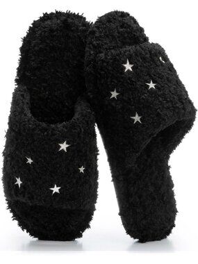 Women's Black Star Indoor Cozy Foam Slip On Slides Fuzzy Open Toe Slipper Shoes